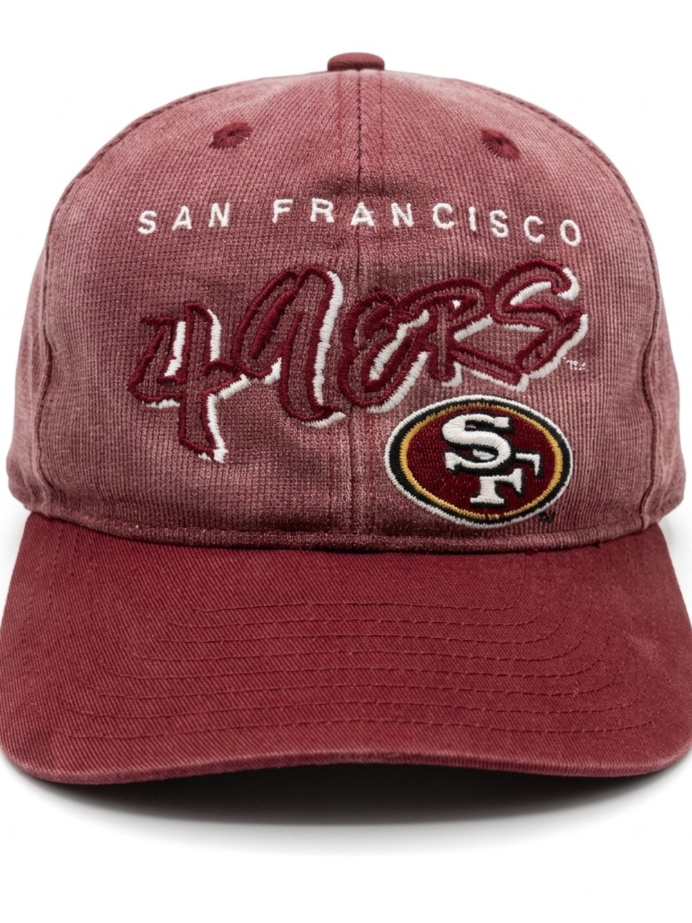 Vintage 90s San Francisco 49ers Corduroy Script Snapback Hat Maroon Red NFL Cap
